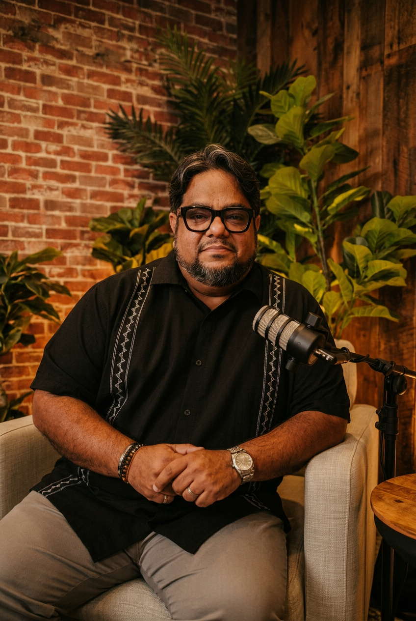 Rustic portrait of Varun Kapur at the podcast mic in a warm brick-and-wood studio